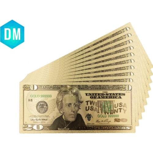 10pcs Holiday Gifts 24k Gold Banknote American Colorful Gold Foil Bill Note Creative 20 Dollar Fake Money Art Ornament