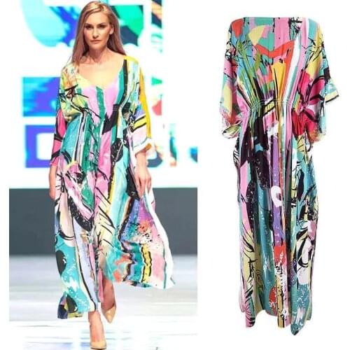 2020 Beach Kaftan Bohemian Mix Color Printed Loose Summer Maxi Dress Cotton Tunic Women Beachwear Bikini Bathing Suit Cover Up