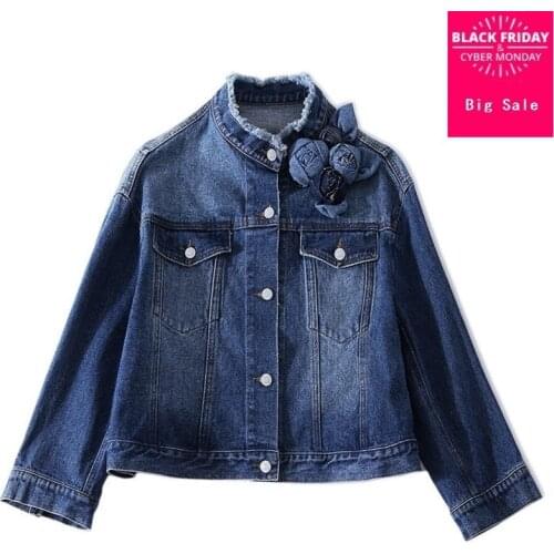 2109 fashion brand 100% cotton Stand collar handmade stereo flowers Denim Outwear jackets female Retro tassel stitch Jacket wq82