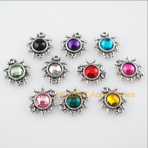 30 New Flower Acrylic Connectors Mixed Charms Tibetan Silver Tone Pendants 14x15mm