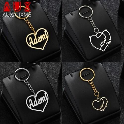 Auxauxme Customised Two Name Date Heart Keychain Stainless Steel Personalized Nameplate Keyring Key Chain Ring Drop Shipping