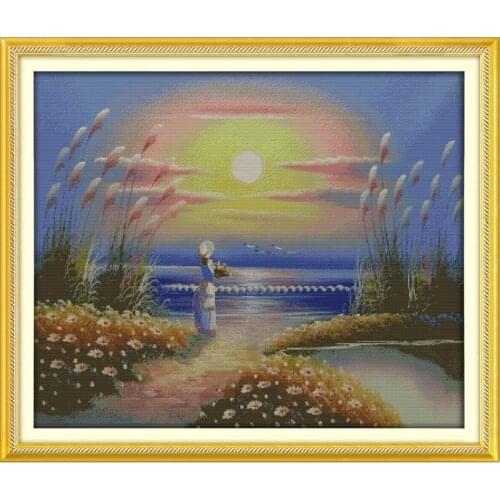 Seaside Girl (3) Chinese Cross Stitch Kits Ecological Cotton Clear Stamped Printed 14 11CT DIY Christmas Gift Wedding Decoration