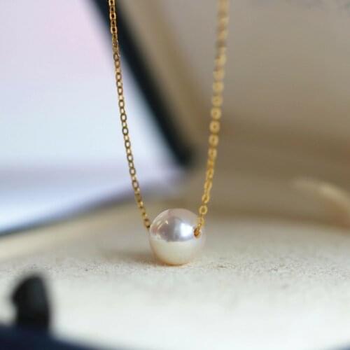 Elegant 7-7.5mm Japan Akoya white round pearl necklace 18inch 18k solid gold