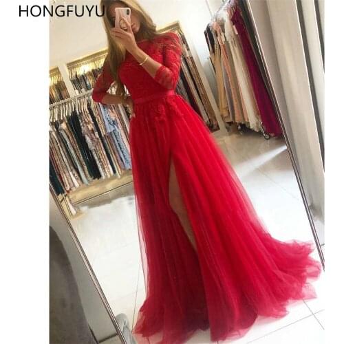 HONGFUYU Tulle A-line Prom Evening Dresses Lace 3/4 Sleeves Side Split vestido de fiesta de boda Evening Gowns for Women Party