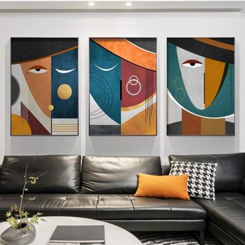 Modern Figure Abstract Geometric Canvas Painting Contemporary Art Poster Print Faces Wall Art Picture for Living Room Home Decor