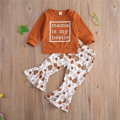 Girls Long Sleeve Trousers Suit Unique Letter Print Round Neck T-shirt and Floral Elastic Trumpet Pants 2PCS Set
