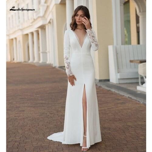 Vestido de boda corte sirena Long Sleeve Split Backless Lace Wedding Dresses Mermaid Deep V Neck sukienka na wesele Lakshmigown