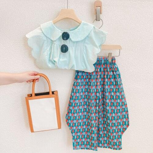 Summer Girls' Clothing Sets Hong Kong Style Doll Collar Wavy Sleeveless Top+Wide Leg Pants Baby Clothes Children Kids Outfits