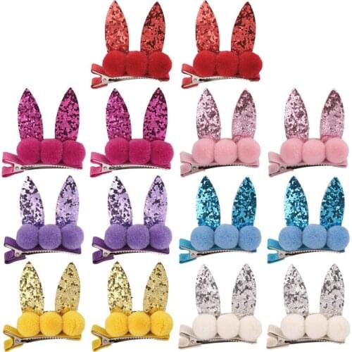 7Pairs=14pcs/lot Girls Hairclips Set Sequin Bunny Hairpin Mini Pompom Barrettes Cartton Rabbit Ear Double Prong Clips