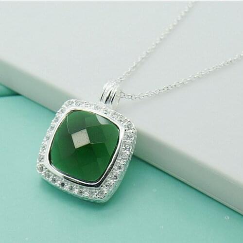 Luxury Jewelry Necklace 925 Sterling Silver Square Green Gem Pendant Necklaces For Woman Mother Best Gifts