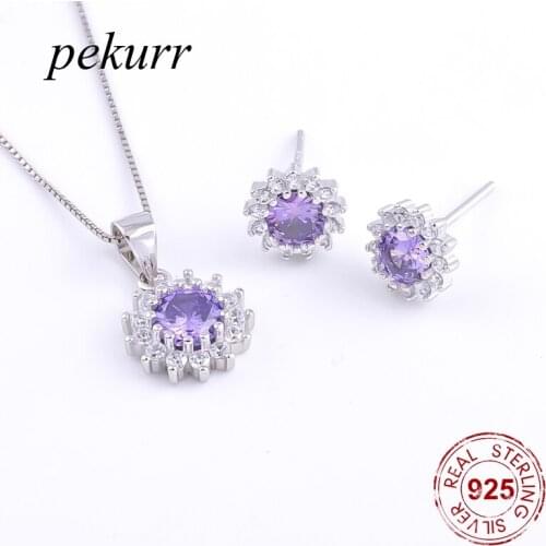 Pekurr 925 Sterling Silver Big Gems Zircon Sunflower Earrings Necklace Sets For Women Zircon Petal Pendants Jewelry Sets