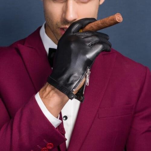 Unlined Mens Genuine Leather Gloves Black Touch Screen Real Sheepskin winter warm Gloves side zip with Button