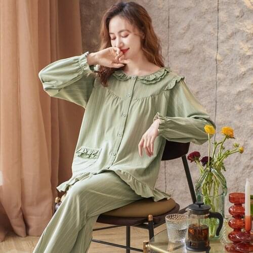 Big yards striped home clothes full pure cotton pajamas sets for female spring autumn ruffle round neck cardigan women sleepwear
