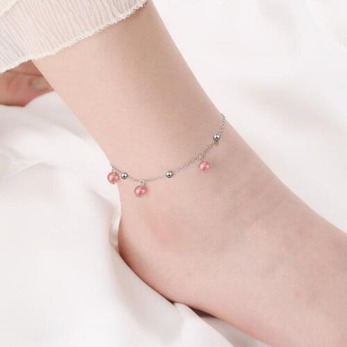 Simple Exquisite Strawberry Crystal Pink Anklet For Women Trend Creative 925 Sterling Silver Party Gifts Jewelry SAB58