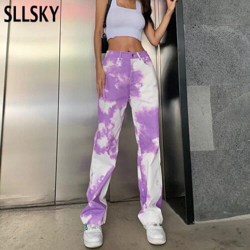 SLLSKY Tie Dye Print High Waist Womens Pants Female Streetwear Loose Stright Trousers Fashion Autumn Sweatpants Casual Pants