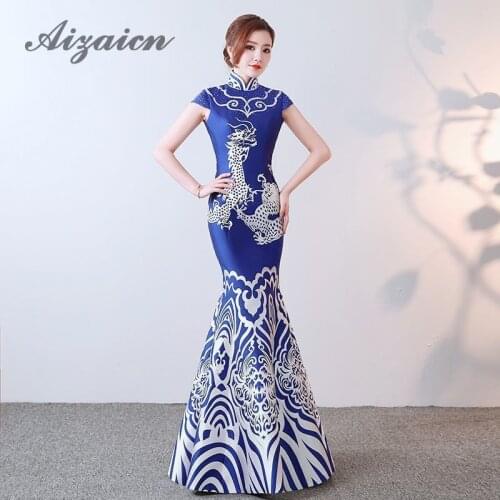 Blue Porcelain Mermaid Chinese Traditional Cheongsam Wedding Qipao Oriental Style Evening Dresses Long Applique Costume Women