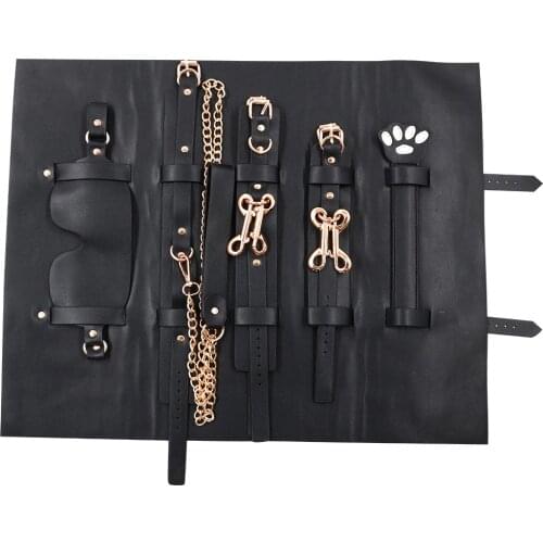 SM Conditioning Bondage Collar Gag Balls Paraphernalia Erotica Handcuffs Clappers Leather Purses Set Sexual Products