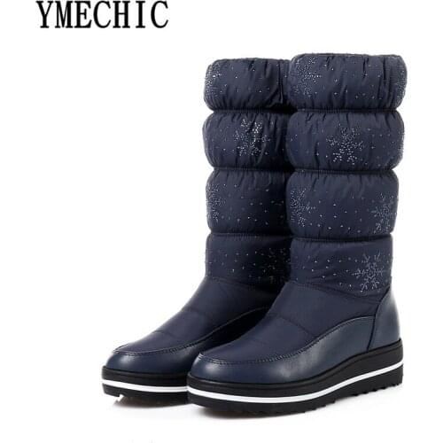 YMECHIC Rhinestones Platform Warm Snow Boots Thick Plush Winter Shoes Down Cotton Plus Size Blue Fur Footwear Ladies Boots 44 43