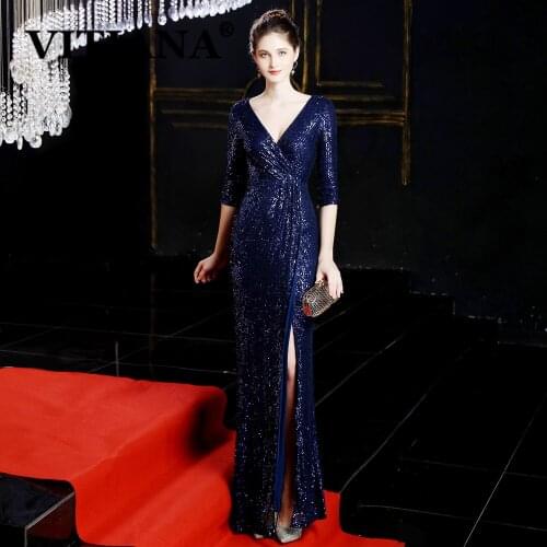 VITIANA Women Trumpet Sexy Party Solid color Long Dress Female Sequined Host Elegant Banquet Dresses Femme Noble Vestidos