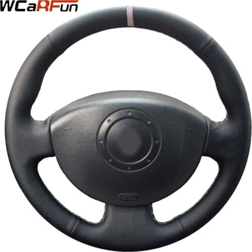 WCaRFun Black Leather White Marker Car Steering Wheel Cover for Renault Megane 2 2003-2008 Kangoo 2008 Scenic 2 2003-2009