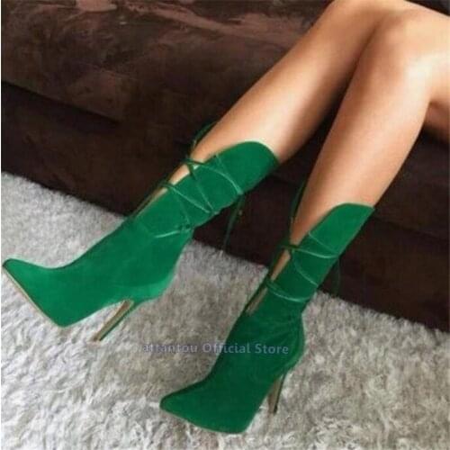 Green suede leather Pointed toe cross tied lace up short boots women winter autumn thin high heel mid-calf boots plus size 46