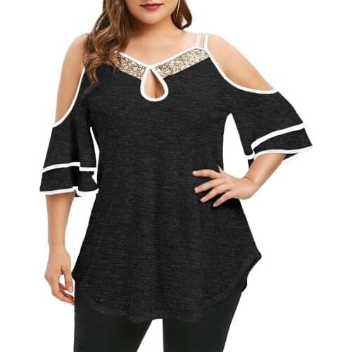 Plus Size Women Sequins Neck Cold Shoulder Ruffled Sleeve Irregular Hem Blouse Plus Size 4XL