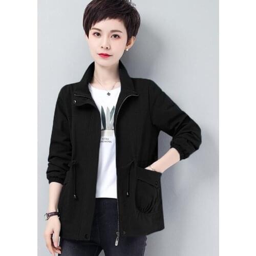 Mother Casual Zipper Short Jacket 2021 Women Spring Autumn Large Size Loose Wild Drawstring Waist Lace Coat Female Fashion A85