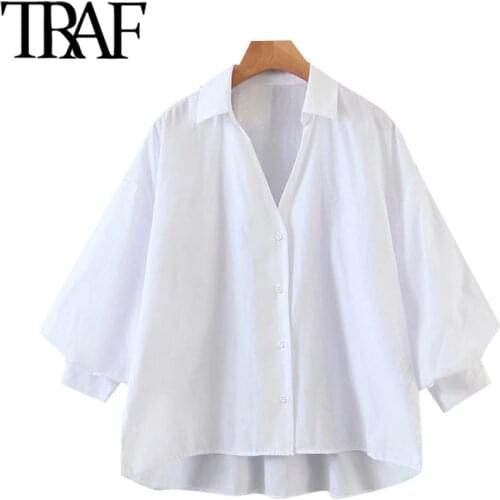 TRAF Women Fashion Button-up Loose Irregular Blouses Vintage Lantern Sleeve Side Vents Female Shirts Blusas Chic Tops