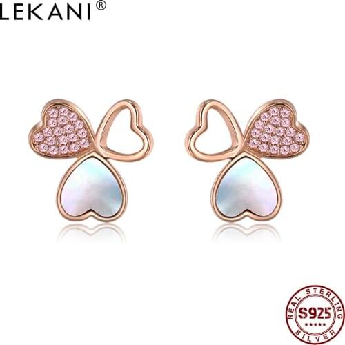 LEKANI 925 Sterling Silver Earrings Women Heart White Shell & Pink Zircon Flower Stud Earring Romantic Anniversary Jewelry