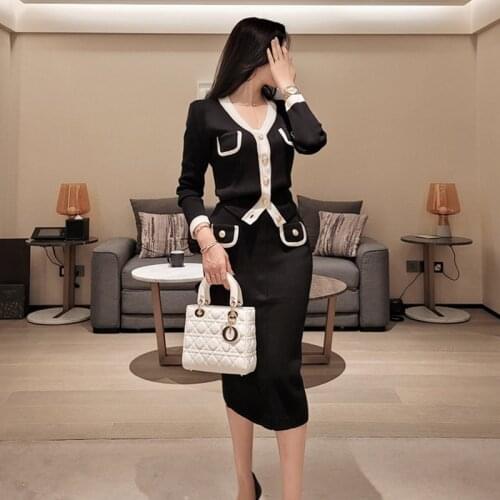 New Winter Hit Color Knitted Two-Piece Set Women Sexy V Neck Long-Sleeved Cardigan Sweater and Midi Pencil Skirt Female Suits