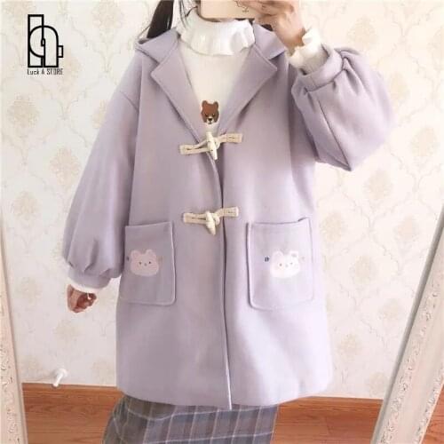 Luck A Women Autumn Warm Kawaii Wool Blend Coat Female Vintage Hooded Pocket Outerwear Sweet Cartoon Cute Horn Button Overcoat