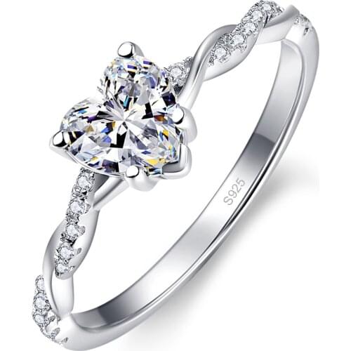 2021 NEW Heart Shaped White Zirconia Twist Arm Inlaid with Zircon 925 Silver Ring for Wedding and Engagement