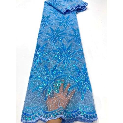 2021 Sky Blue Nigerian Lace Fabric With Sequins Latest Nigerian Lace Fabric African Sequins Lace Fabric For Wedding Party HD5036