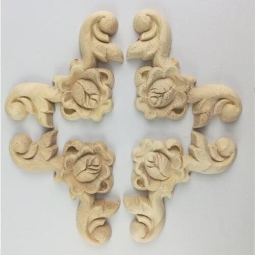 4PCS Flower Wood Carving Natural Wood Appliques for Furniture Cabinet Unpainted Wooden Mouldings Decal Decorative Figurines