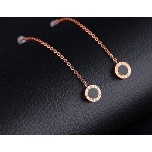 JeeMango 52mm Long Stainless Steel Shell Chain Circle Dangle Earrings For Women Rose Gold Roman Numerals Design Jewelry JE19055