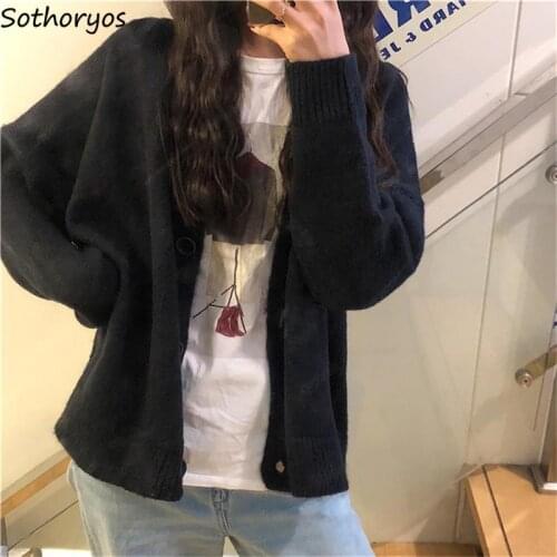 Women Oversize 3XL Cardigan Solid Loose V-neck Single Breasted Casual Knitted Sweater Korean Vintage Outwear Knitwear Streetwear