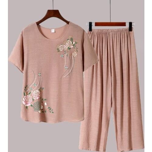 Summer Two Piece Set Floral Short Sleeve Tee T Shirt Oversize Woman Pants Home Wear Plus Size
