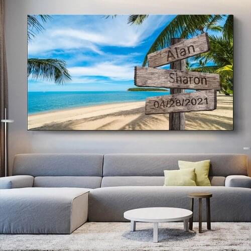Custom Personalized Name Poster Wooden Art Canvas Painting Print Beach Gift For Weddings Wall Art Picture Livingroom Decoration