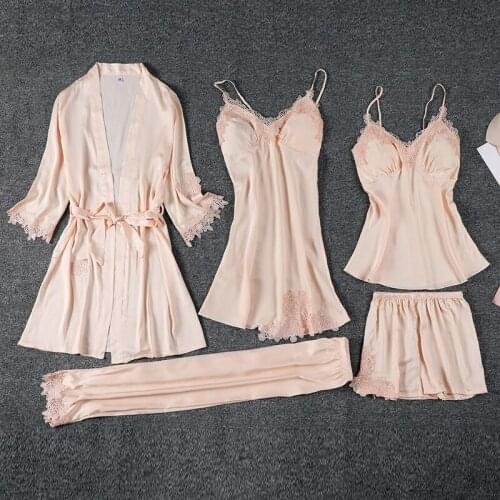 FZSLCYIYI Sexy Embroidery Trim Pajamas 5/1Pcs Satin Sleepwear Silk Homewear Sleep Lounge Pyjama With Chest Pads Nightwear