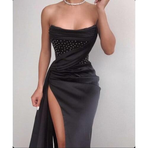 High Quality Black Sexy Satin Off Shoulder Slim Split Dress Women Sleeveless Backless Fashion Cocktail Party Dress Vestido