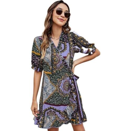Summer Vintage Fashion Print Dress Women New Lace Up Design Sashes Ruffles Patchwork High Waist Knee Length A-line Vestido Mujer