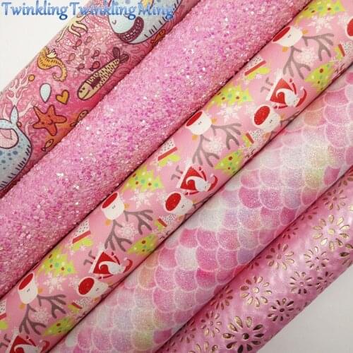 PINK Glitter Fabric, mermaid Glitter Leather, Snowman printed Faux Fabric Sheets For Bow A4 21x29CM Twinkling Ming XM018H