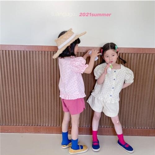 2021 Children Short Sleeve New Summer Print Floral Collar Cute Shirt Girls Bubble Sleeve Top