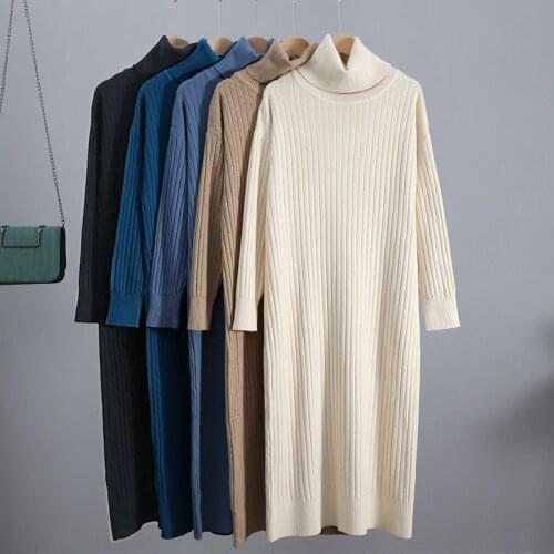 Turtleneck Cowlneck Women Long Knit Straight Dress Autumn Winter Thick Warm Midi Dress Ribbed Knitted Christmas Dresses