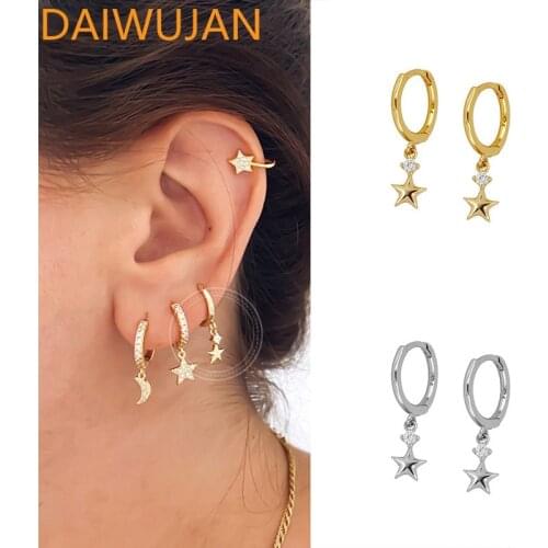 DAIWUJAN Trendy Zircon Star Pendant Hoop Earrings for Women Glossy Star Hanging Earrings 925 Sterling Silver Cartilage Jewelry