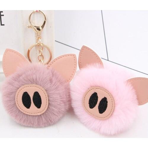 Cute pig furry ball keychain Pu fur animal plush keychain bag Car pendant promotional gifts Dropshipping