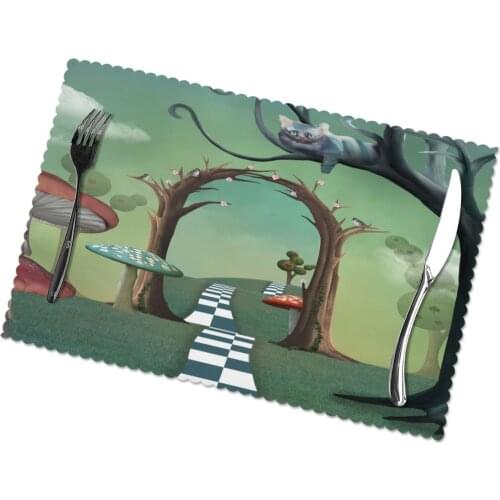 Placemat for dining table Alice In Wonderland Landscape With Magic Passage And Cheshire Scene Kitchen Dining 6 PCS Accessories