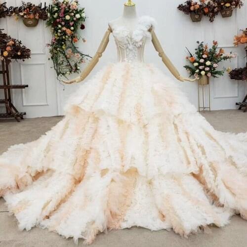 Serene Hill Dubai Luxury Champagne Pink Wedding Dress 2020 One Shoulder Flowers Sequins Sexy Bridal Gown Custom Made CHX0151