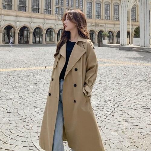 2020 New Autumn Urban Simple Thin Windbreaker Womens Mid-Length Popular British Style Khaki Coat