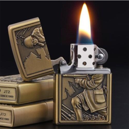 Vintage Kerosene Lighter Retro Bronze Embossed Metal Windproof Cigarette Lighter Nostalgic Classic Mens Lighter Tool